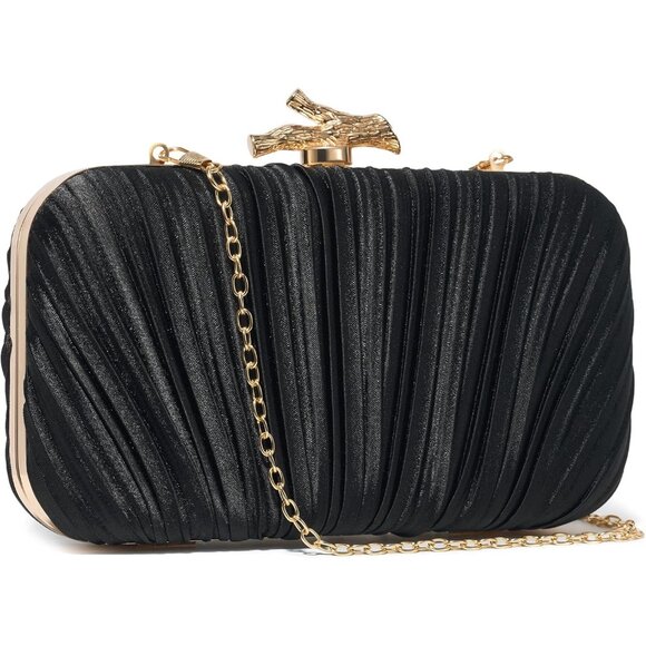 Women's Evening Formal Leather Shoulder Clutch Chain Strap Black Satin Bag - Picture 2 of 6